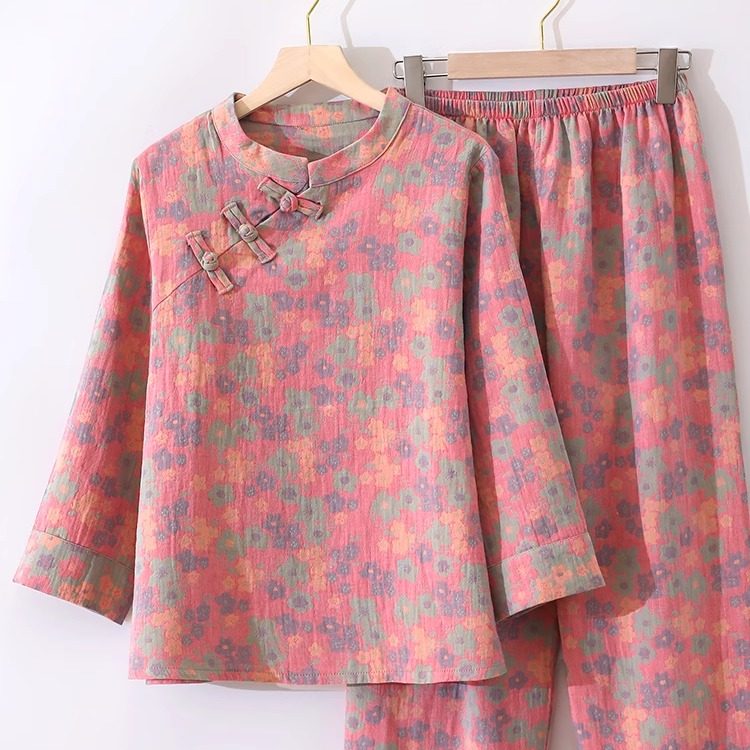 纯棉国风双层纱布盘扣睡衣女 复古新中式斜襟宽松家居服套装春秋