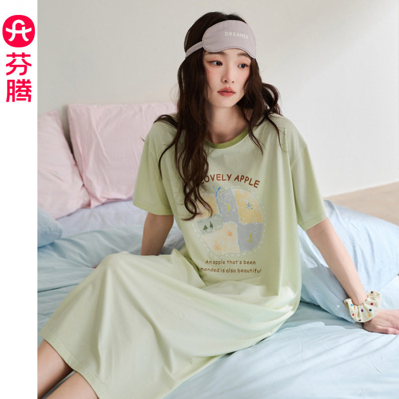 芬腾睡裙女款新款夏季薄款短袖睡衣裙夏天宽松休闲可外穿女连衣裙