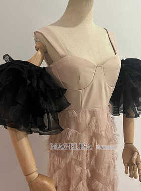 新娘手套黑色泡泡袖网纱遮手臂袖抹胸婚纱袖子拍照造型配饰手袖