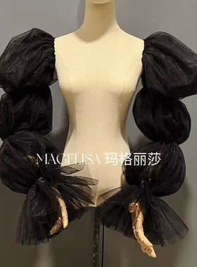 新娘手套黑色网纱袖子婚纱礼服配饰拍照造型长款泡泡袖遮手臂袖子