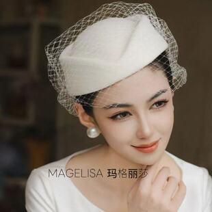 白色帽子网格素纱新款婚纱礼服婚礼走秀演出拍照造型礼帽新娘头纱