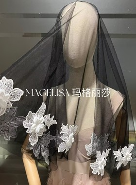 黑色头纱白色蕾丝花边遮面短头纱影楼拍照化妆造型万圣节新娘头纱