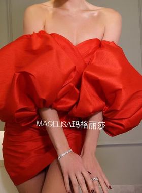 红色礼服手套长款泡泡袖缎布婚纱拍照造型年会抹胸被服配饰手袖