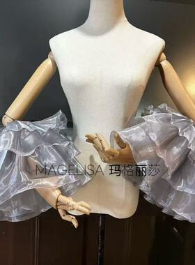 双层短款肩灰色荷叶新娘薄款婚礼结婚手纱礼服遮手臂袖套配饰