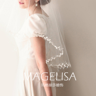 韩式新娘短款简约旅拍头纱花边遮面婚纱超仙百搭网红拍照婚礼头纱