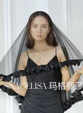 万圣节黑色头纱影楼拍照化妆造型走秀双层短款婚纱礼服新娘头纱