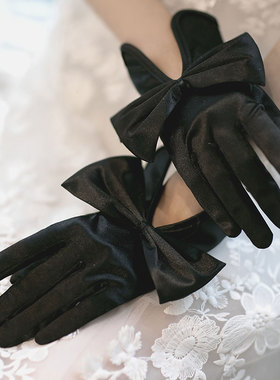 黑色缎面蝴蝶结短款全指礼服手套演出造型旗袍晚装宴会有指手套