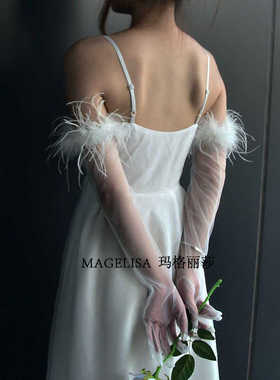 网纱长款婚纱礼服拍照造型黑色手套羽毛薄款新娘手套全指手袖