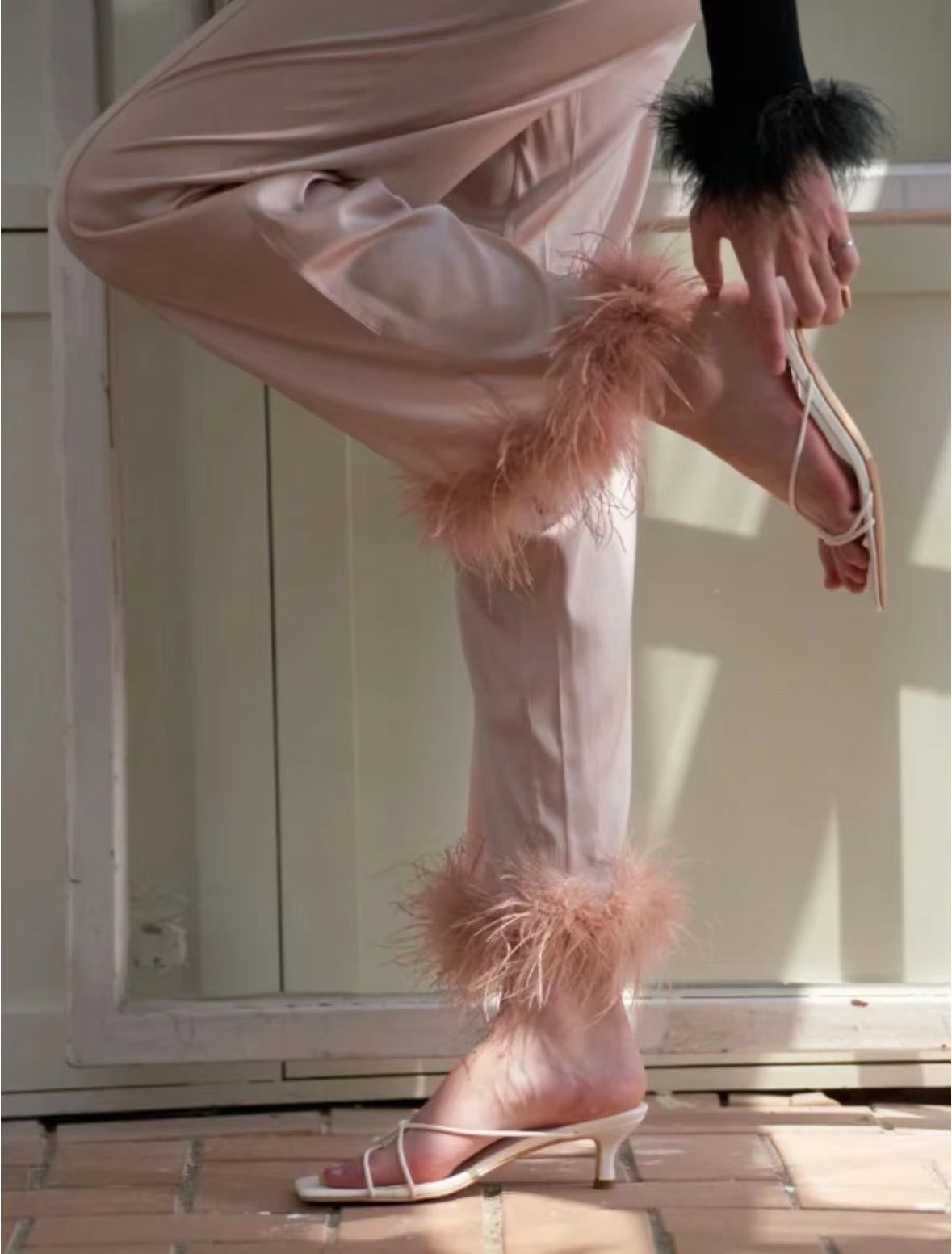 Joy Gilda真丝家居服羽毛派对睡衣可外穿套装鸵鸟毛睡裤