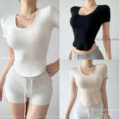 ALLIN纯欲性感辣妹短袖 上衣 收腰U领skims纯色打底衫 T恤女夏季 修身