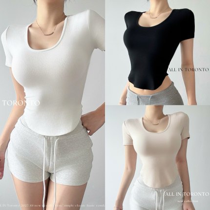 ALLIN纯欲性感辣妹短袖T恤女夏季修身收腰U领skims纯色打底衫上衣