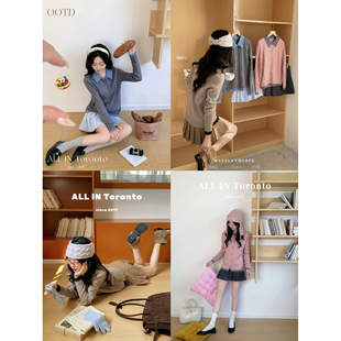 ALLIN 灰色polo领针织开衫女早秋小众温柔上衣复古麻花纹毛衣外套