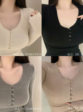 ALLIN长袖T恤打底衫女秋季收腰弹力修身显瘦辣妹性感风亨利领上衣