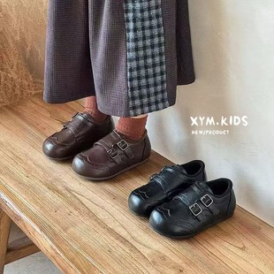 儿童冬季加绒小皮鞋2025男童英伦风魔术贴软底乐福鞋女童公主鞋