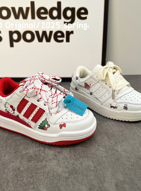 2025秋冬季新款红色儿童加绒保暖真皮运动鞋女童kitty猫小白板鞋