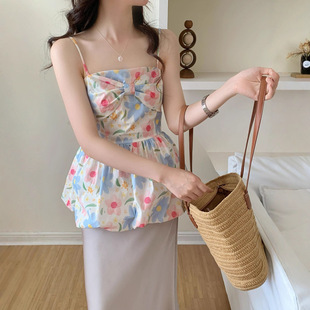 女夏甜美百搭收腰显瘦蝴蝶结上衣 度假风彩色花朵印花小吊带衬衫