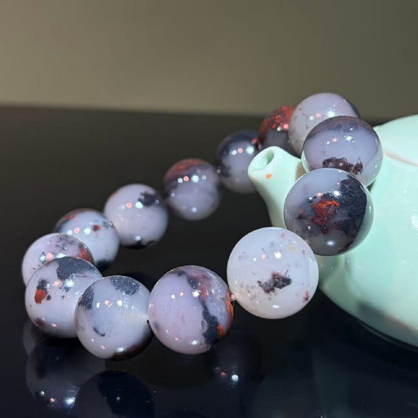 桂林鸡血玉口子水墨意境圆珠18手串玉质细腻精品送礼收藏佩戴男款