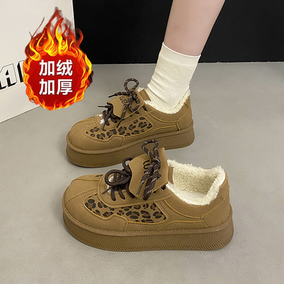 德训鞋女款加棉磨砂厚底豹纹雪地靴2025冬季新款毛毛加绒保暖棉鞋