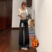 Goo大吉韩系掐腰丰胯翘臀微喇裤 双扣高腰弹力复古喇叭牛仔裤 子女