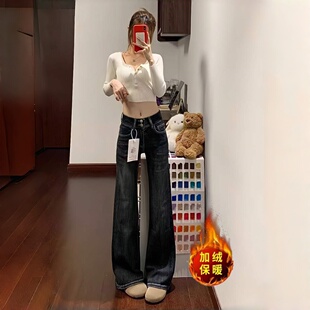 Goo大吉韩系掐腰丰胯翘臀微喇裤双扣高腰弹力复古喇叭牛仔裤子女