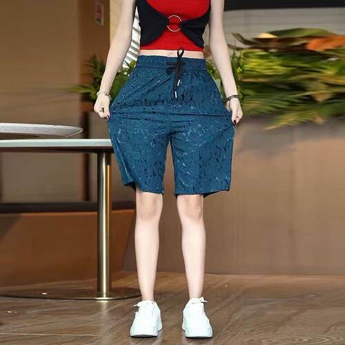 冰丝运动短裤子女士夏季薄款宽松直筒中裤提花国潮显瘦五分休闲裤
