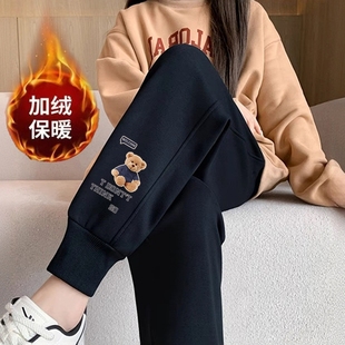 加绒加厚高腰卫裤 束脚保暖长裤 女高腰休闲裤 大码 运动哈伦裤 秋冬季