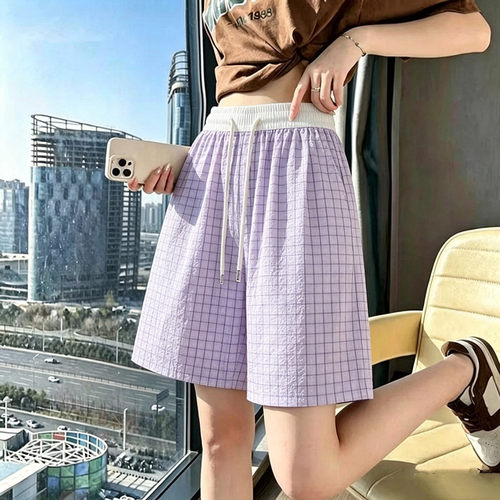 冰丝休闲裤女夏季薄款泡泡纱直筒中裤五分裤高腰运动短裤潮流百搭