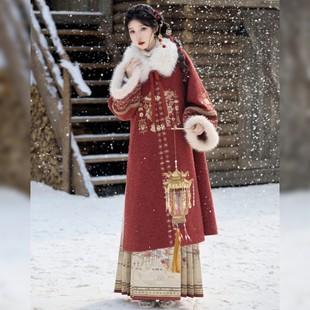 原创汉服女【七月夕-千辉同春】明制对襟长袄红色拜年服套装冬款