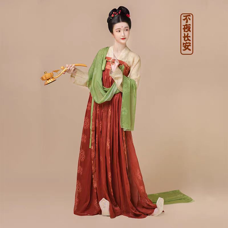 原创汉服女【不夜长安】唐制复原款对襟上襦齐胸襦裙披帛唐装春季