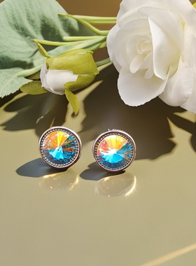 手工气质轻奢新款幻彩大颗圆形水钻耳环ST193