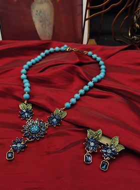 民族风蓝色鸢尾花水钻项链ST408