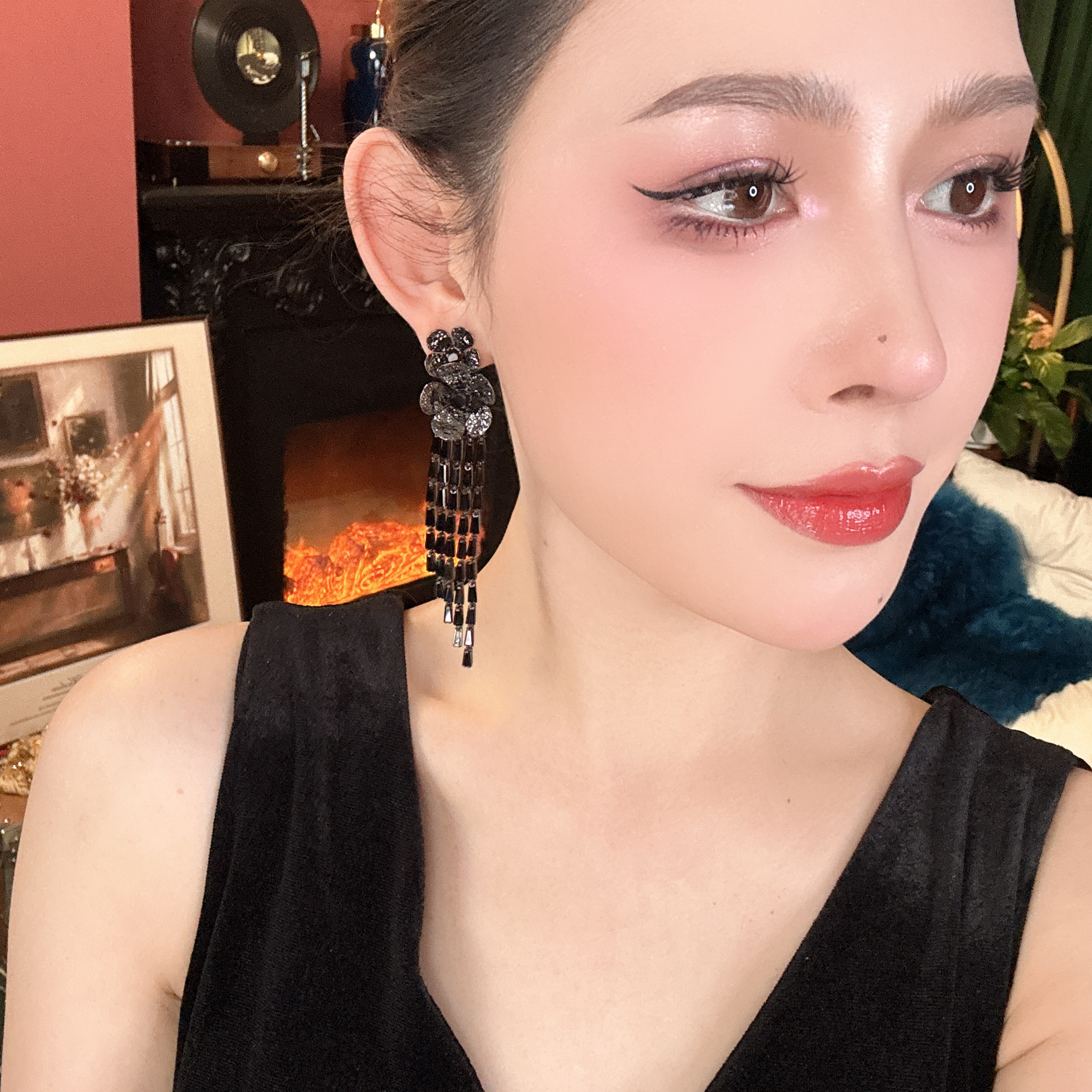 轻奢高级枪色立体花朵灵动流苏耳环ST385