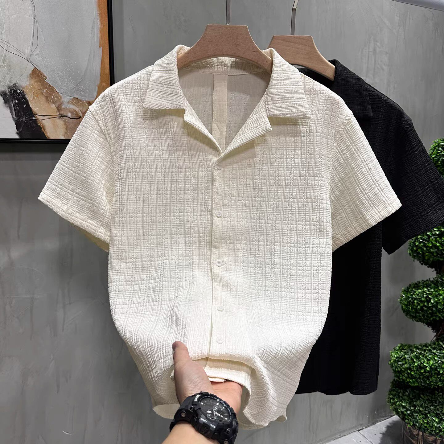 老钱风冰丝镂空提花古巴领短袖衬衫男夏季宽松高级感痞帅休闲衬衣