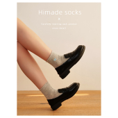 Himade精致刺绣小蝴蝶节中筒短袜女韩系百搭ins卷边棉袜灰色袜子