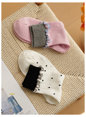 Himade socks韩系甜美波点花边中筒袜子女夏季网眼透气薄款棉长袜