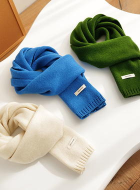 Himade秋冬季100%纯羊毛围巾女韩系高级感加厚保暖绿蓝色情侣围脖