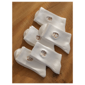 Himade日系刺绣卡通图案中筒袜子女白色搭配勃肯鞋 堆堆长袜竖条纹