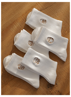 Himade日系刺绣卡通图案中筒袜子女白色搭配勃肯鞋堆堆长袜竖条纹