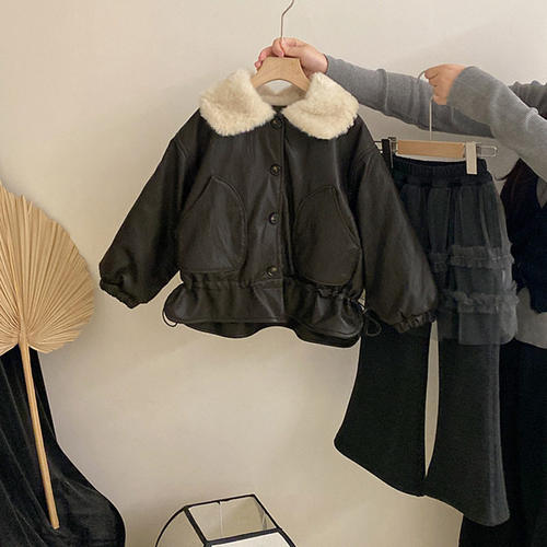 韩版女童秋冬季2025新款加绒毛领皮质裙边外套女宝宝洋气时尚外套