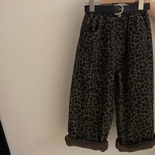 【安安家】女童秋季2025新款豹纹加绒直筒休闲中大童潮裤子R25534