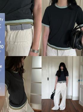 POXFFEE/棉麻假三件拼色短袖T恤女夏2025新款韩系正肩打底衫上衣