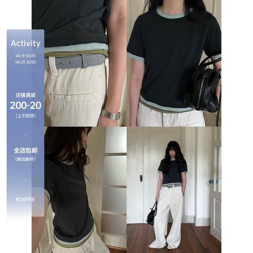 POXFFEE/棉麻假三件拼色短袖T恤女夏2025新款韩系正肩打底衫上衣