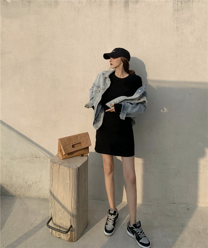 Real price casual versatile black dress + retro light denim loose Korean jacket