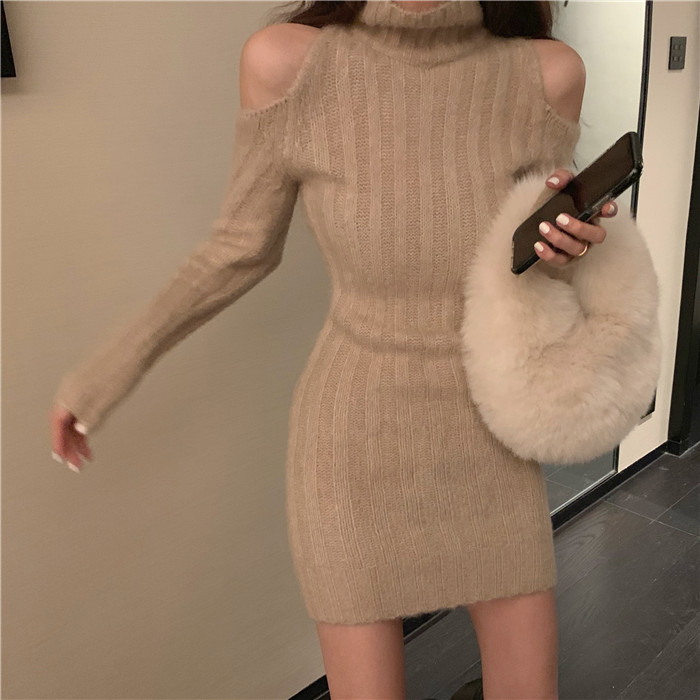 Real shot sexy off shoulder knitted sweater dress