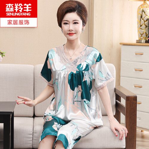 夏季短袖中年妈妈真丝家居服套装