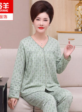 春秋天中老年女士长袖纯棉睡衣薄