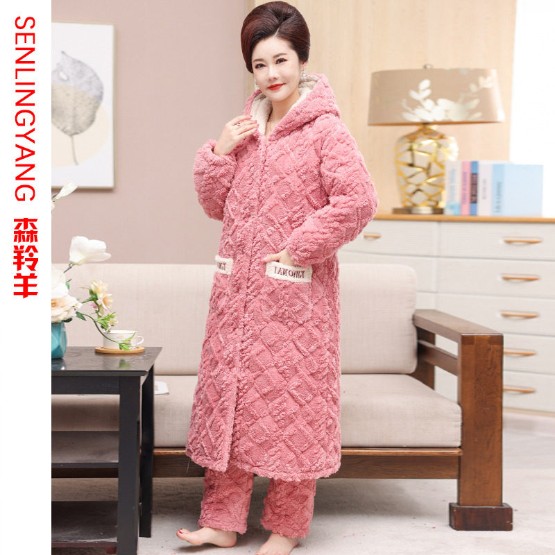 睡衣女冬加厚加绒保暖珊瑚绒三层夹棉棉袄睡袍睡裤妈妈套装家居服,女士内衣/男士内衣/家居服,睡袍/浴袍,淘宝优惠券,粉丝福利购,淘宝优惠卷