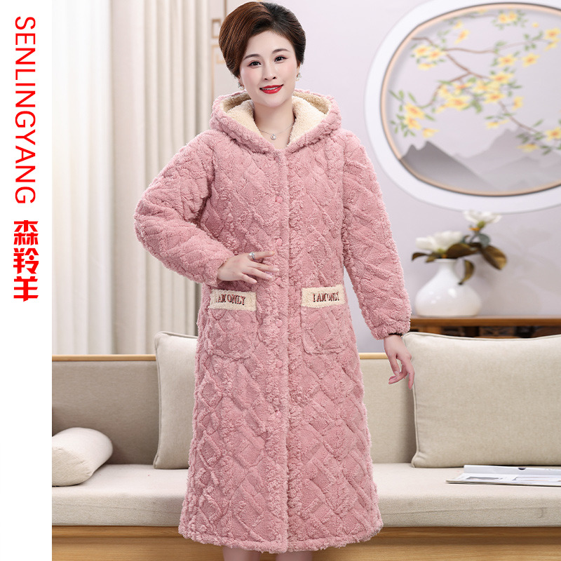 冬季中年妈妈珊瑚绒夹棉开衫睡袍