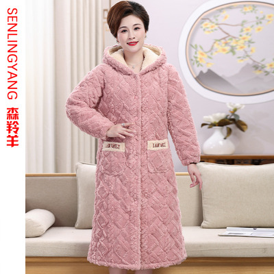 冬季中年妈妈珊瑚绒夹棉开衫睡袍