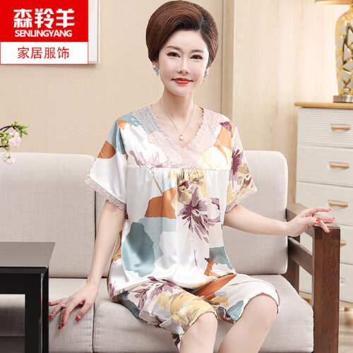妈妈中裤丝绸休闲宽松可外穿睡衣